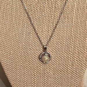 New faux opal and clear cz necklace silver tone chain 18”+2”